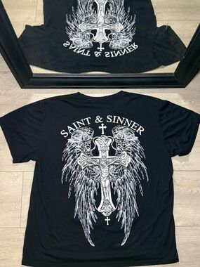 New Y2K 2000s 2 Monkeys Saint & Sinner Winged Cross Spellout Shirt